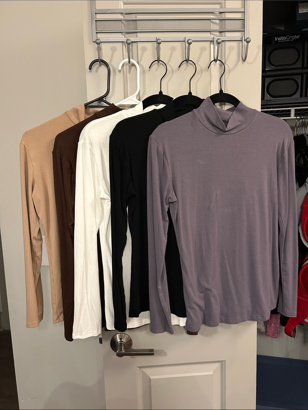 EUC Basic Long Sleeve Mock Neck Top Lot- white, brown, blue/gray, tan, and black